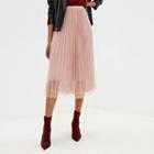 Mesh Overlay Pleated Midi Skirt W2009 - Pink - One Size