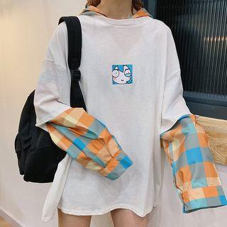 Mock Two-piece Long-sleeve Plaid Paneled Hooded T-shirt