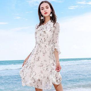 3/4-sleeve Frill Trim Floral Chiffon Dress