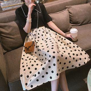 Contrast Trim Short-sleeve Polo Shirt / Dotted Midi A-line Skirt