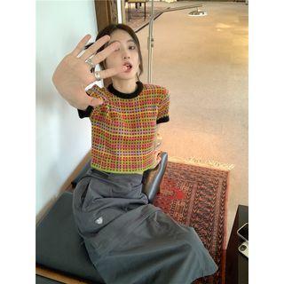 Short-sleeve Plaid Knit Crop Top / Midi A-line Skirt