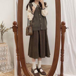 Peter Pan Collar Blouse / Button Knit Vest / Midi A-line Skirt