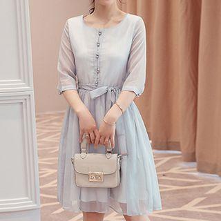3/4-sleeve Chiffon Pleated A-line Dress