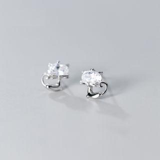 Cat Rhinestone Sterling Silver Earring 1 Pair - S925 Silver - Silver - One Size