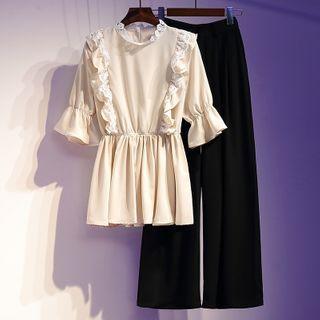 Lace Trim Ruffled Blouse / Straight Leg Pants / Set