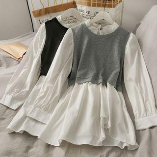 Stand-collar Mock Two-piece Long Top
