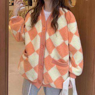 Long-sleeve Plaid Fleece Jacket Tangerine - One Size