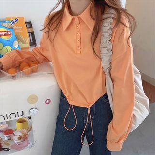 Drawstring-hem Long-sleeve Polo Shirt