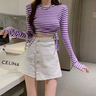 Long-sleeve Striped T-shirt / Denim Skirt