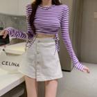 Long-sleeve Striped T-shirt / Denim Skirt