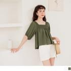 Elbow Sleeve Square Neck Flowy Blouse