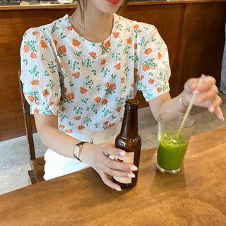 Round Neck Floral Puff Short Sleeve Top