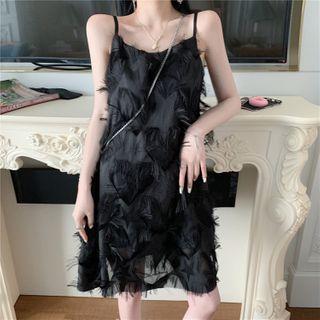 Spaghetti Strap Fringe Trim Mini A-line Dress