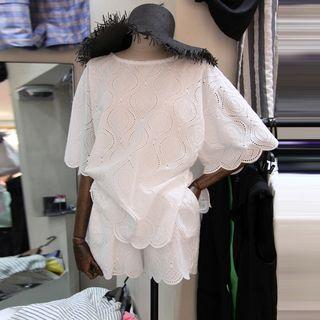 Set: Eyelet Lace Short-sleeve Blouse + Shorts