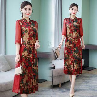 Elbow-sleeve Midi Floral Dress