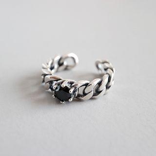 925 Sterling Silver Gemstone Chained Open Ring Agate - Black - One Size