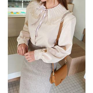 Pleated-collar Balloon-sleeve Blouse Beige - One Size