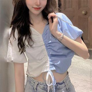 Two Tone Drawstring Puff Sleeve Top