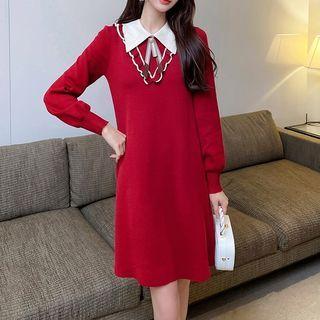 Long-sleeve Collared Frill Trim A-line Dress