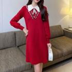 Long-sleeve Collared Frill Trim A-line Dress