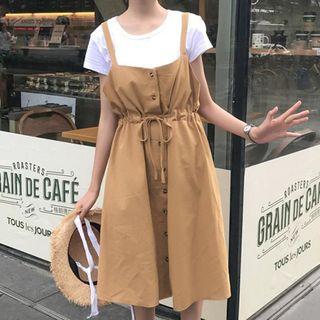 Set: Short-sleeve T-shirt + Drawstring Waist Pinafore Dress