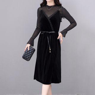 Set: Sheer Long-sleeve Top + Velvet Strappy Midi Dress