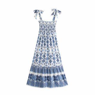 Tie-shoulder Patterned Midi A-line Dress