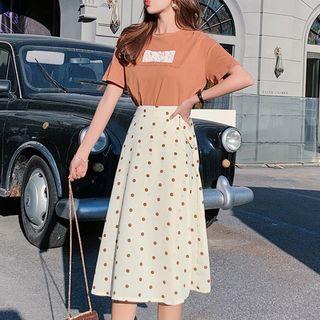 Set: Printed Short-sleeve T-shirt + Dotted A-line Skirt