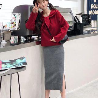 Plain Hoodie / Split Hem Midi Knit Pencil Skirt