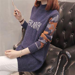 Camo Panel Lettering Mock Neck Long Sweater