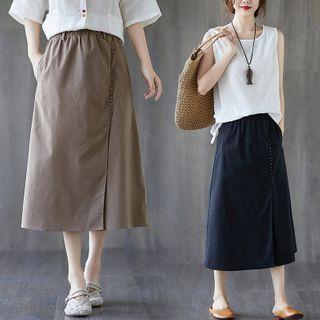 Band-waist Slit Midi A-line Skirt