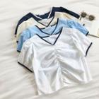 Color-block Trim V-neck Frilled Short-sleeve Blouse