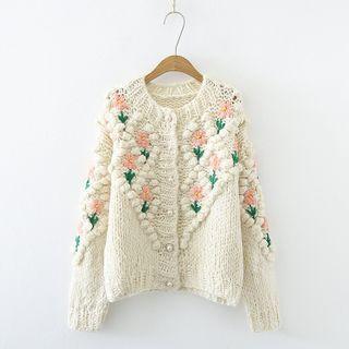 Floral Embroidered Bobble Knit Cardigan Almond - One Size