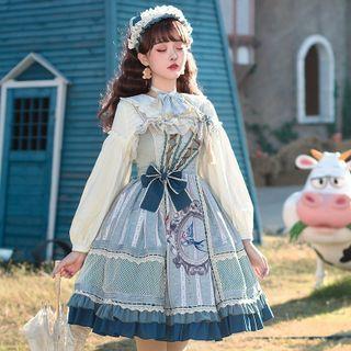 Long-sleeve Print A-line Dress / Headpiece / Choker / Set
