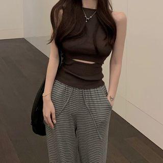 Sleeveless Cutout Front Top / Striped Pants