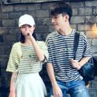Couple Matching Elbow-sleeve Embroidered Striped T-shirt