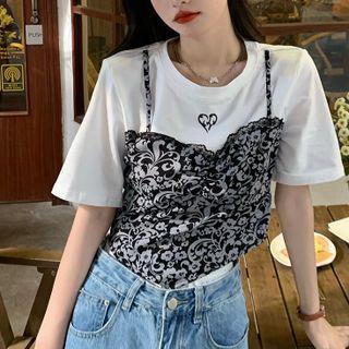 Mock Two-piece Short-sleeve Graphic Print T-shirt