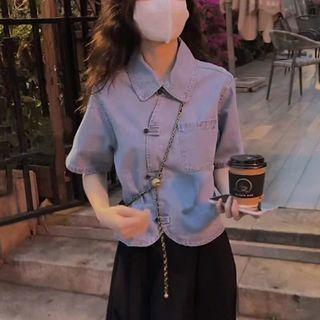 Short-sleeve Frog-button Denim Blouse