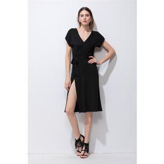 Short-sleeve V-neck Slit Dress With Sash