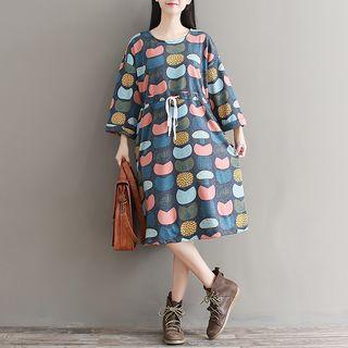 Print 3/4-sleeve Midi A-line Dress
