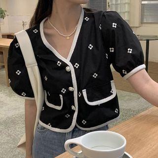 Puff-sleeve Embroidered Button-up Blouse