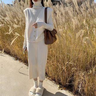 Single-breasted Knit Vest / Turtleneck Rib Knit Top / Midi Straight-fit Skirt / Set