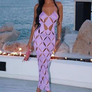 Spaghetti-strap V-neck Cutout Open Back Maxi Bodycon Dress