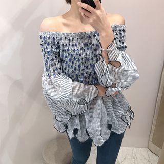 Off-shoulder Embellished Long-sleeve Top