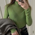 High-neck Long-sleeve Ruffle Trim Plain Knit Top