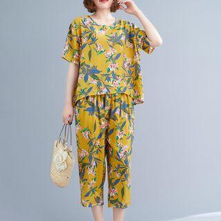 Set: Elbow-sleeve Flower Print Top + Cropped Straight-leg Pants
