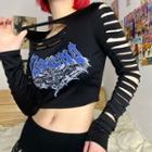 Long Sleeve Cut-out Lettering Printed Crop Top