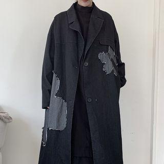 Long-sleeve Two-tone Denim Trench Coat Black - One Size