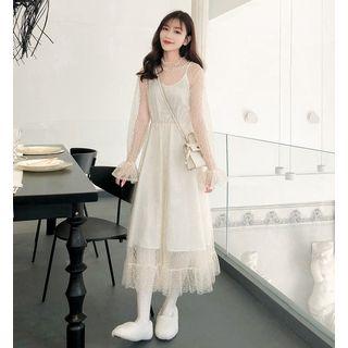 Set: Long-sleeve Mesh Midi A-line Dress + Slipdress