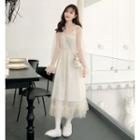 Set: Long-sleeve Mesh Midi A-line Dress + Slipdress